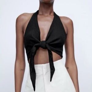 Zara Black 100% Linen Halter Tie-Front Crop Top NWT Size Small